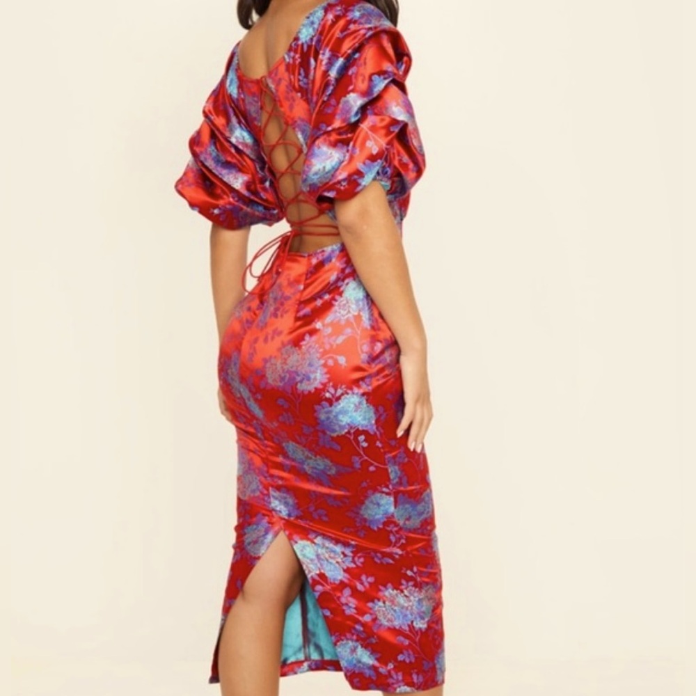 Pretty Little Thing red floral jacquard lace up back midi dress 8